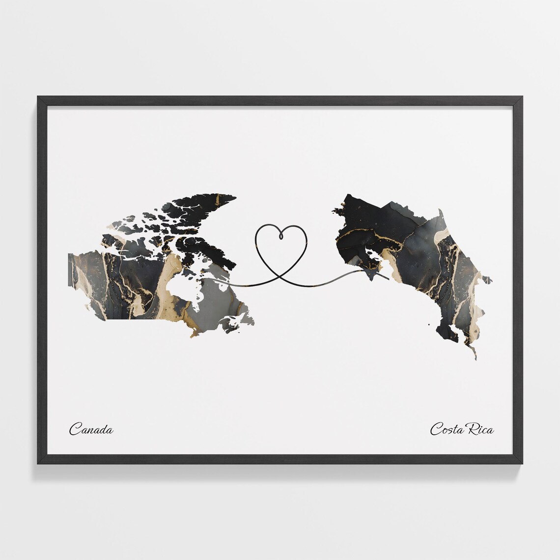 Canada to Costa Rica Black Gold Marble Heart Connection Map Poster