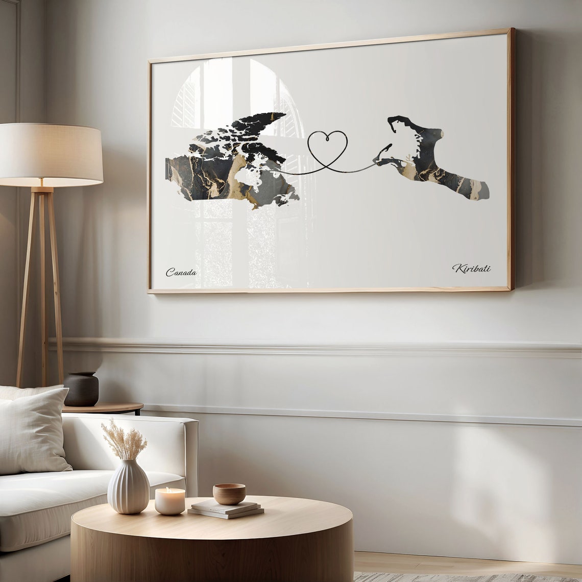 Canada Kiribati Long Distance Love Black Marble Heart Map Poster - Image 2