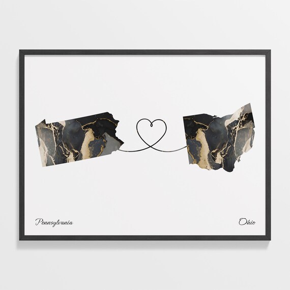 Pennsylvania to Ohio Black Gold Marble Map Heart Connection Poster