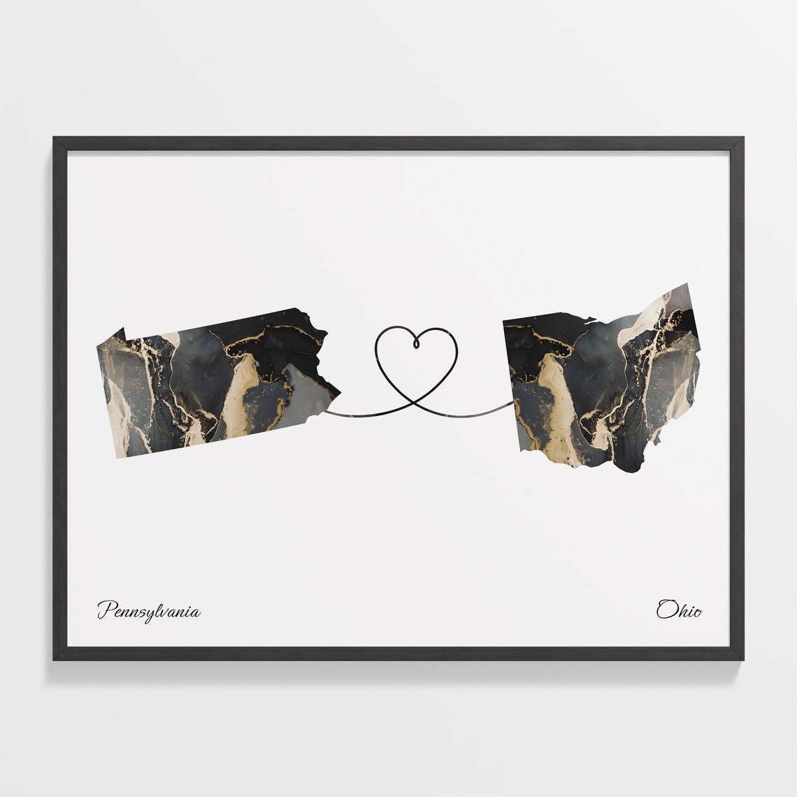 Pennsylvania to Ohio Black Gold Marble Map Heart Connection Poster