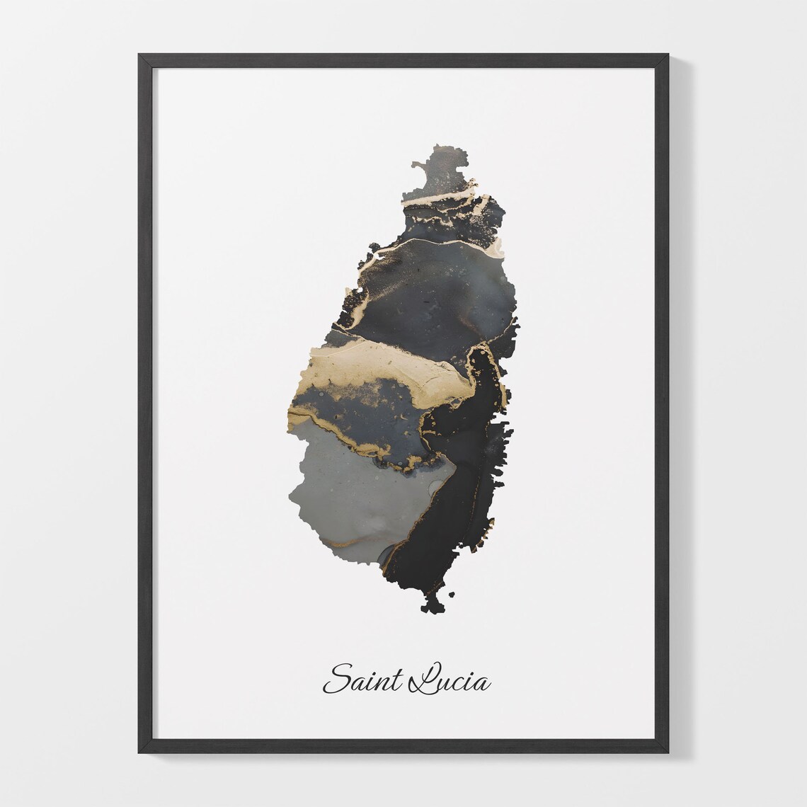 Saint Lucia Stylish Black And Gold Marble Map Luxury Decor Art Poster