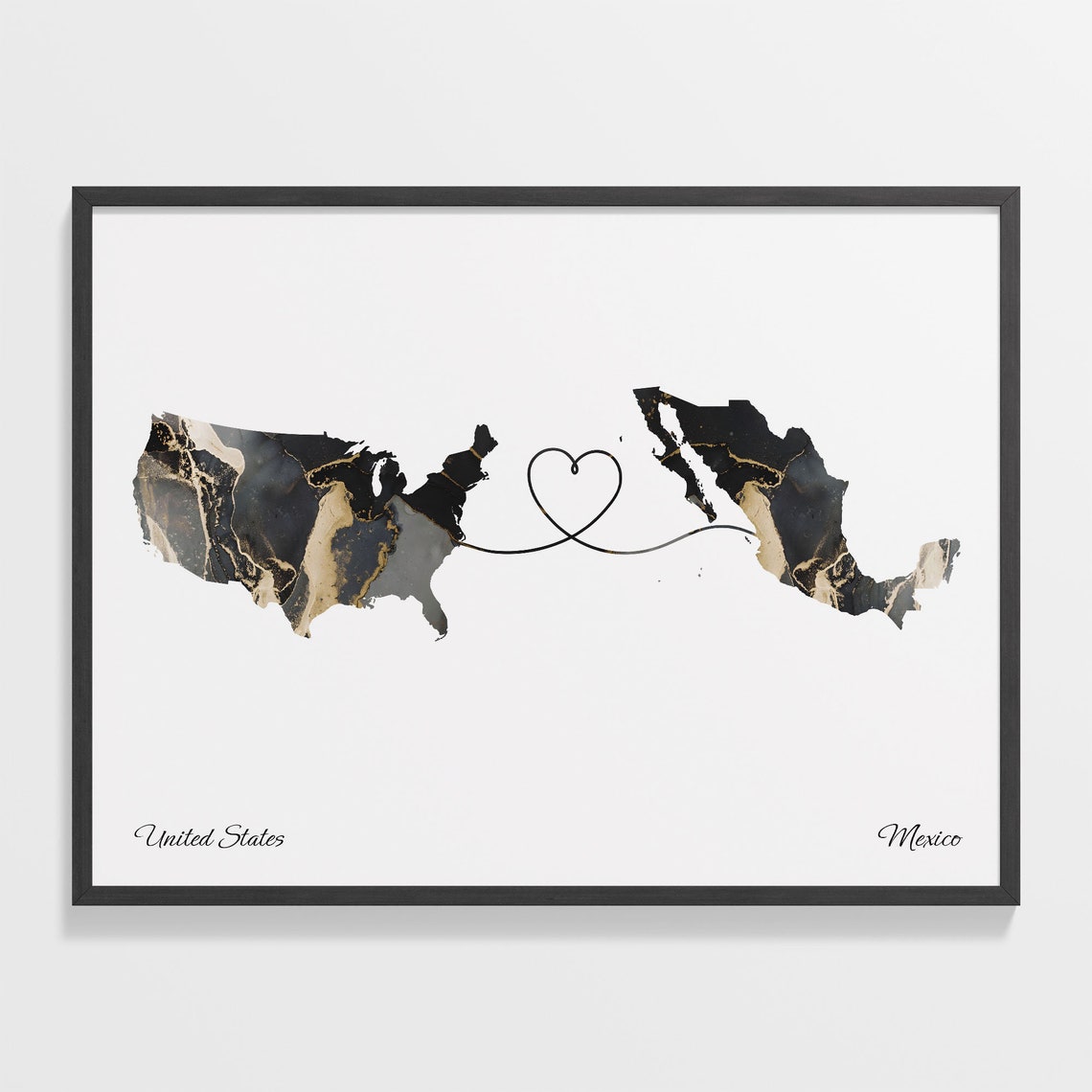 United States To Mexico Heart Linked Marble Map Love Connection Poster