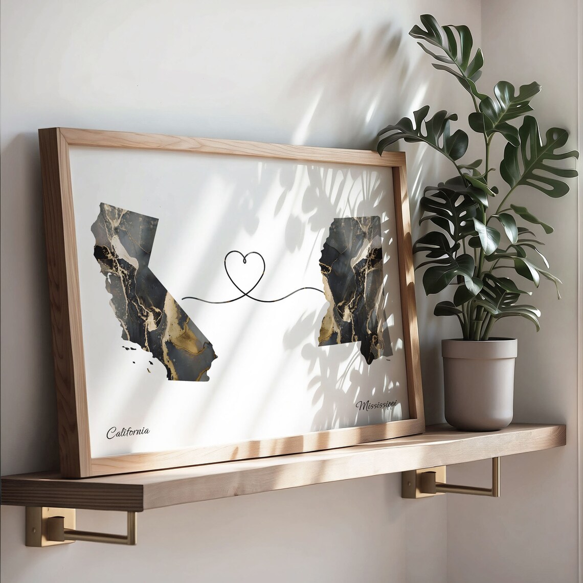 California to Mississippi Black Gold Marble Map Heart Line Art Poster - Image 3