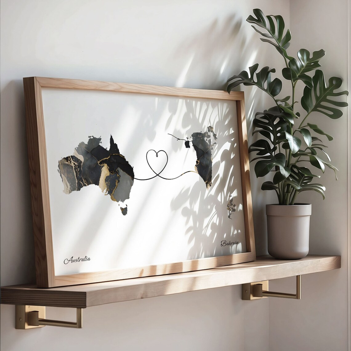 Australia to Bahrain Black and Gold Marble Two Country Map Poster - Image 3