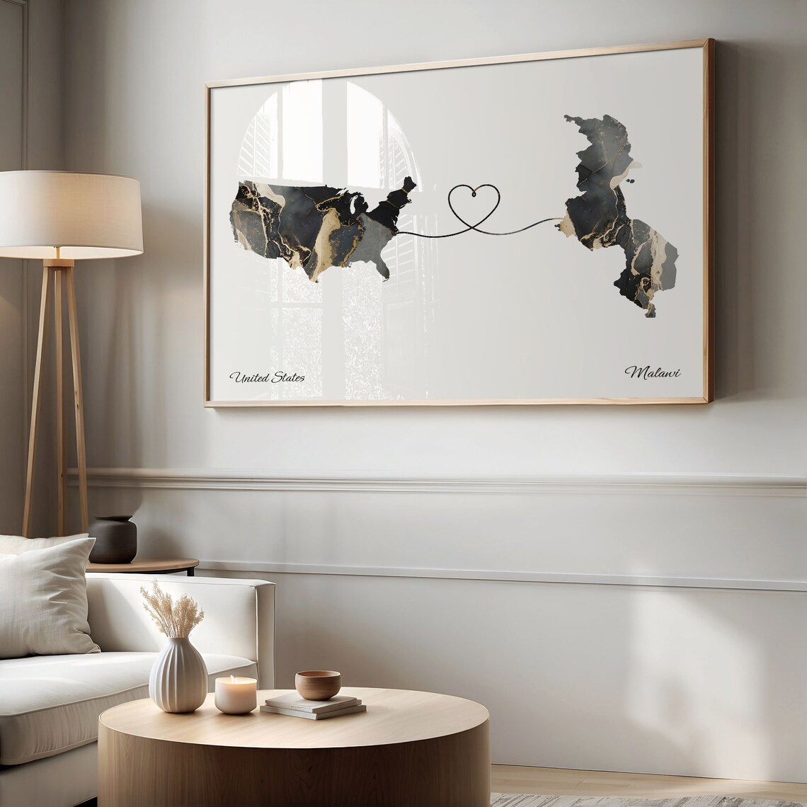 United States Malawi Heart Marble Map Long Distance Couple Poster - Image 2