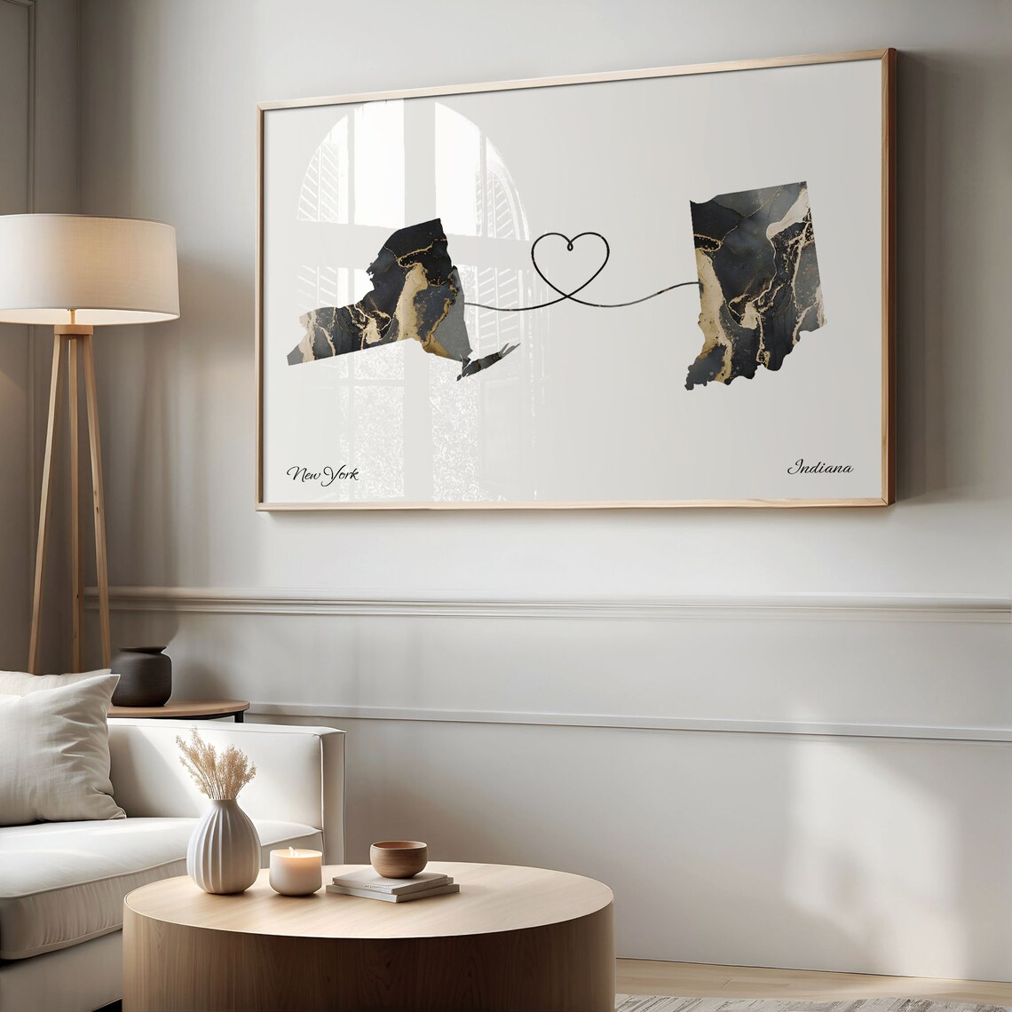 New York To Indiana Marble Map Heart Print Long Distance Gift - Image 2