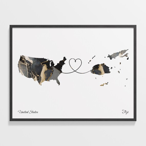 United States and Fiji Marble Map Heart Long Distance Poster