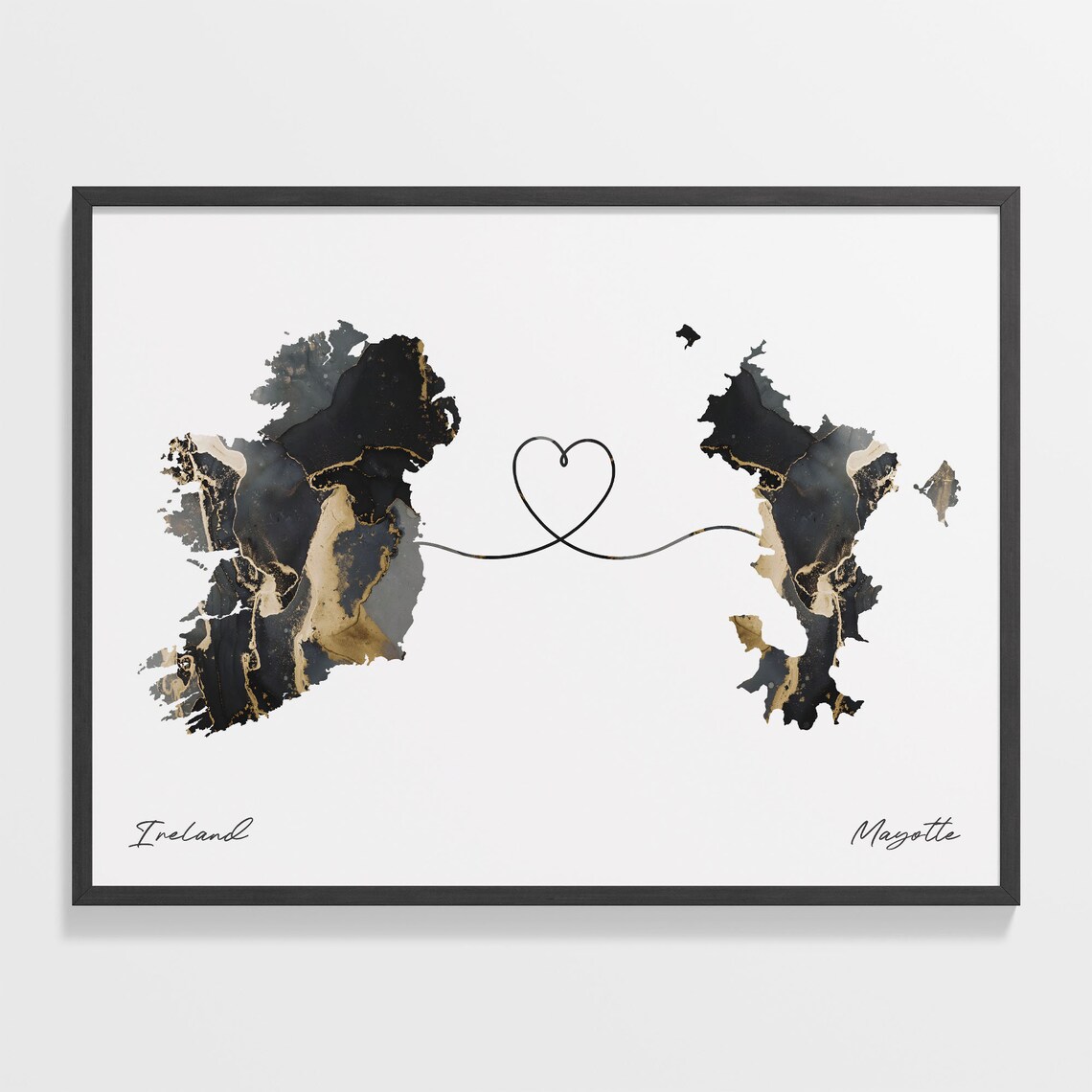 Ireland To Mayotte Modern Marble Effect Two Country Heart Map Poster