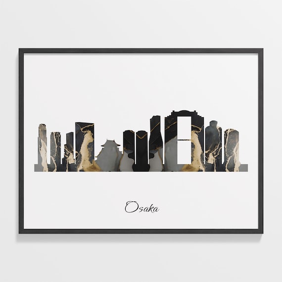 Osaka Japan Black Gold Marble Skyline Silhouette Cityscape Poster