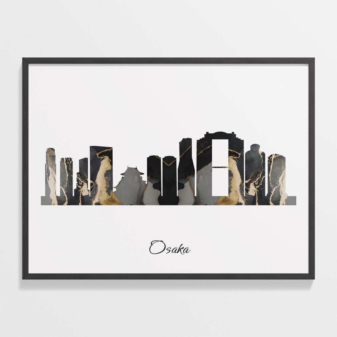 Osaka Japan Black Gold Marble Skyline Silhouette Cityscape Poster
