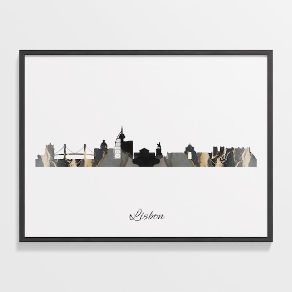 Lisbon Skyline Black Gold Marble Cityscape Portugal Travel Decor Poster