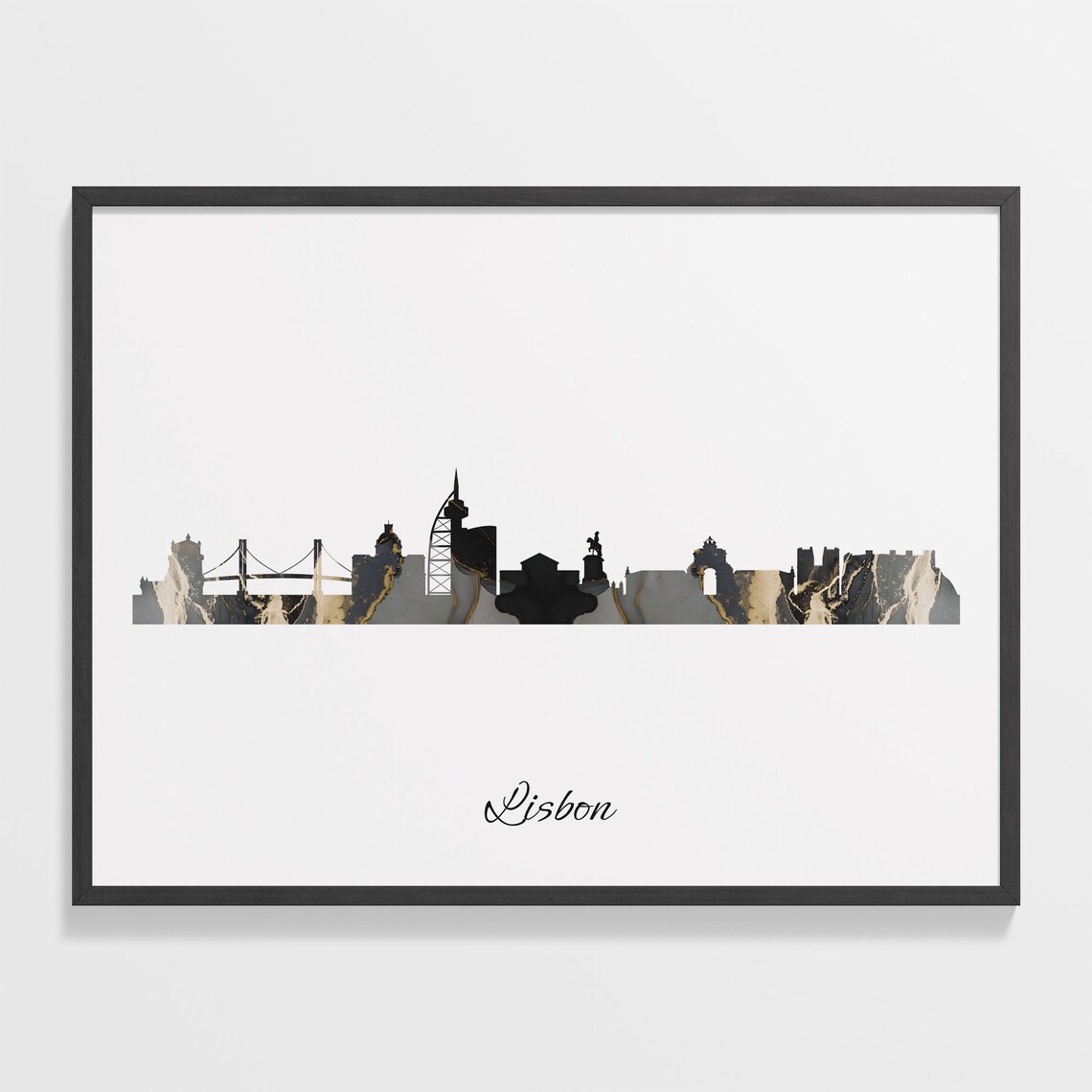Lisbon Skyline Black Gold Marble Cityscape Portugal Travel Decor Poster