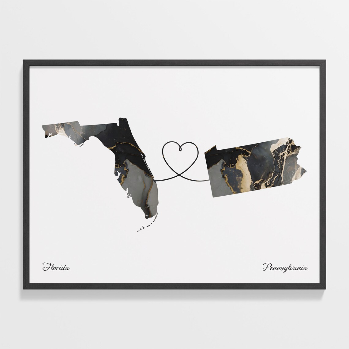 Florida to Pennsylvania Long Distance Love Marble Map Art Poster