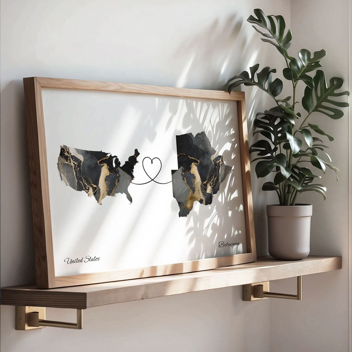 United States and Botswana Black Marble Heart Connection Map Poster - Image 3