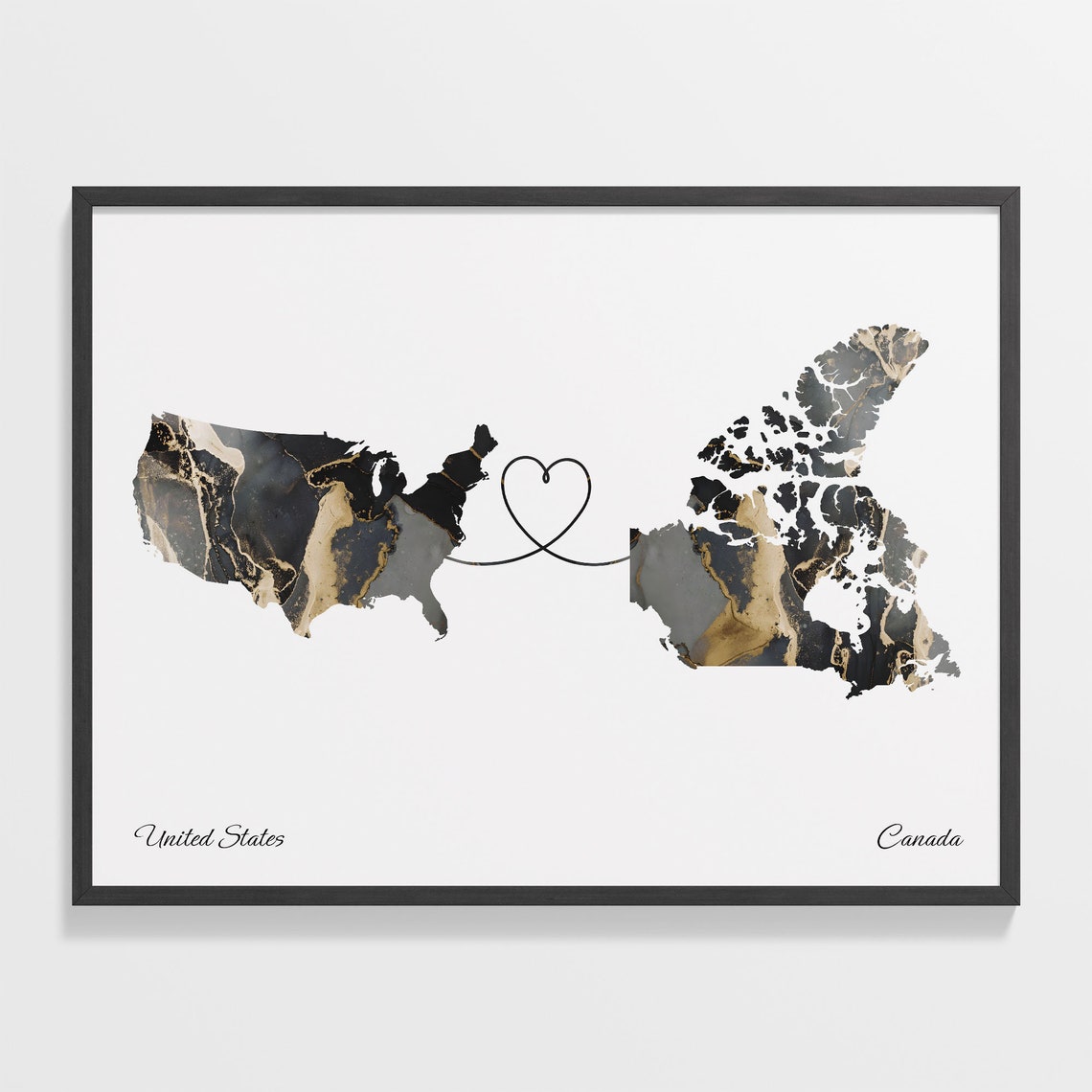 United States and Canada Black Marble Heart Connection Map Poster