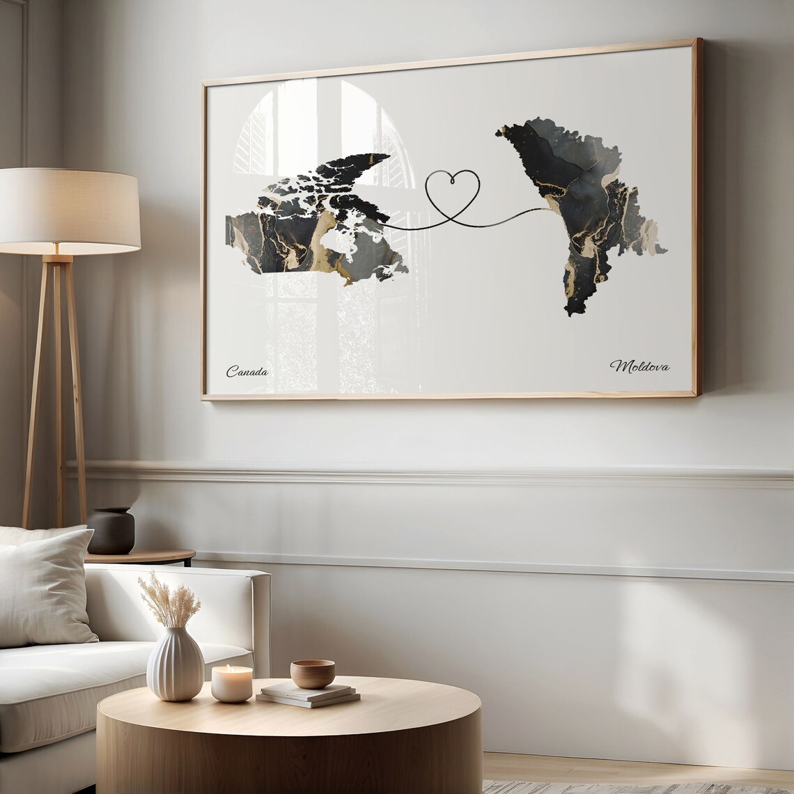 Canada Moldova Long Distance Love Black Marble Heart Map Poster - Image 2