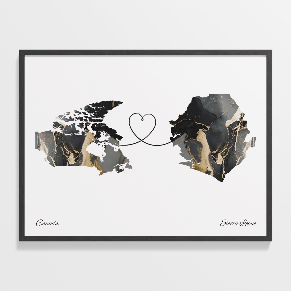 Canada To Sierra Leone Black Gold Marble Long Distance Heart Map Poster
