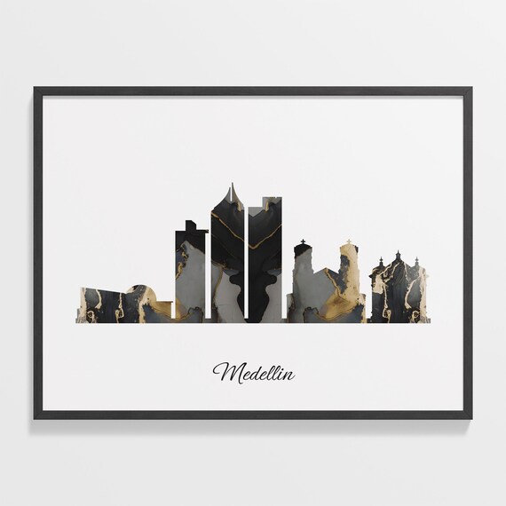 Marble Cityscape Medellin Skyline Colombia Black Gold Elegant Art Poster