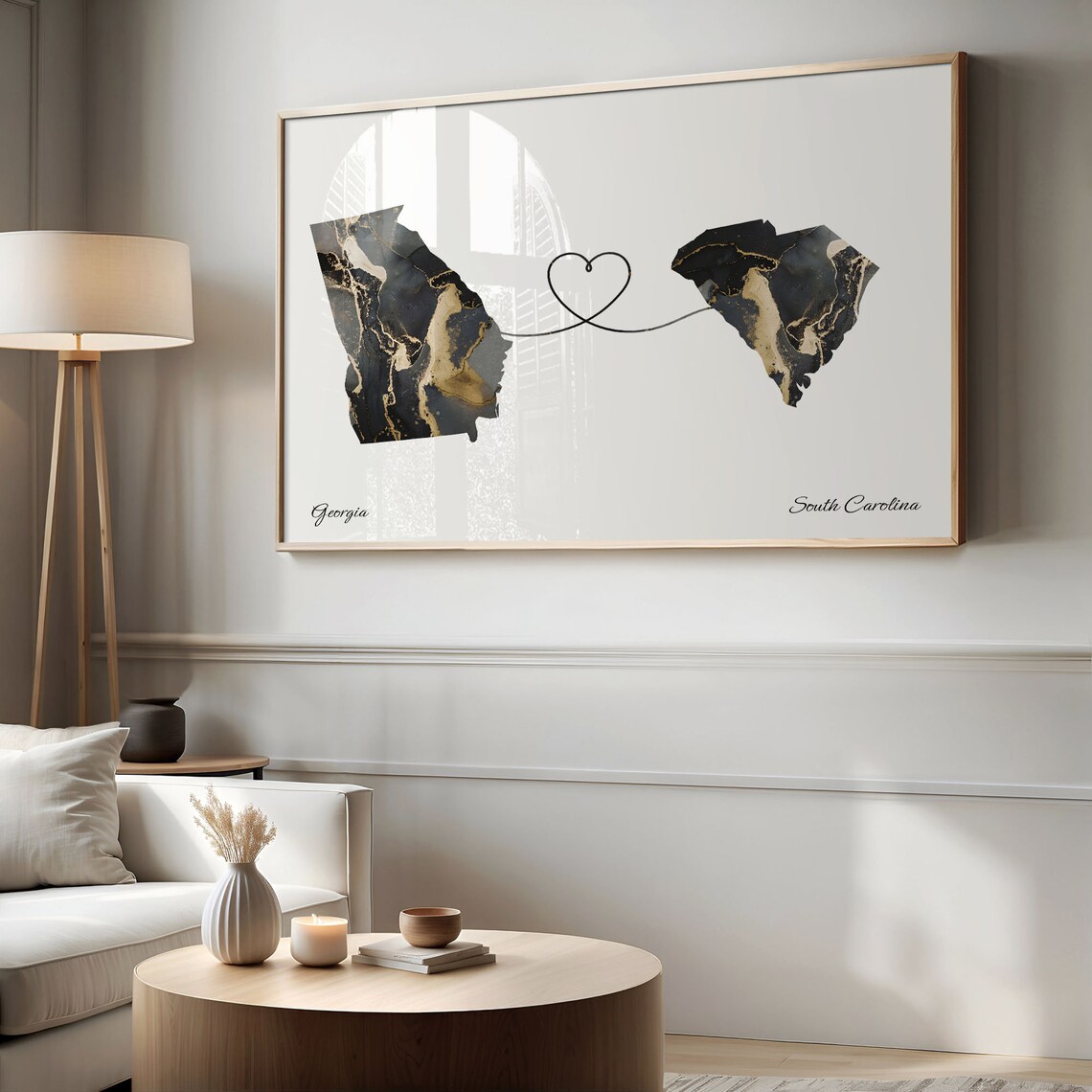 Georgia South Carolina Long Distance Love Black Gold Marble Map Poster - Image 2