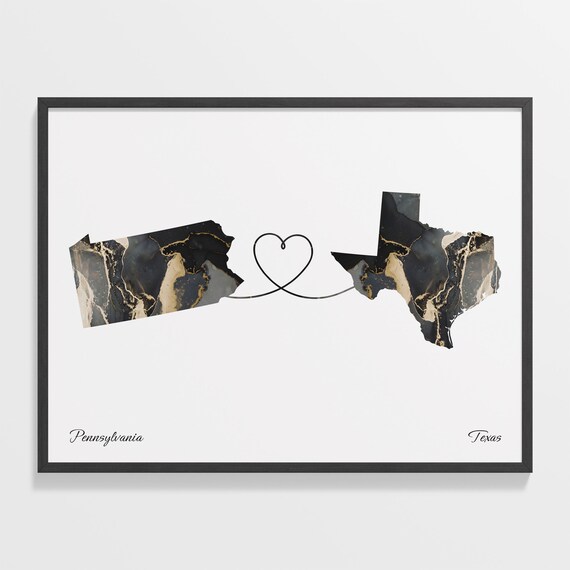 Pennsylvania To Texas Marble Map Heart Print Long Distance Gift