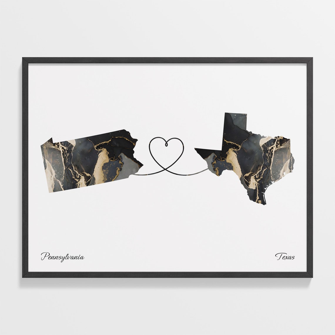 Pennsylvania To Texas Marble Map Heart Print Long Distance Gift
