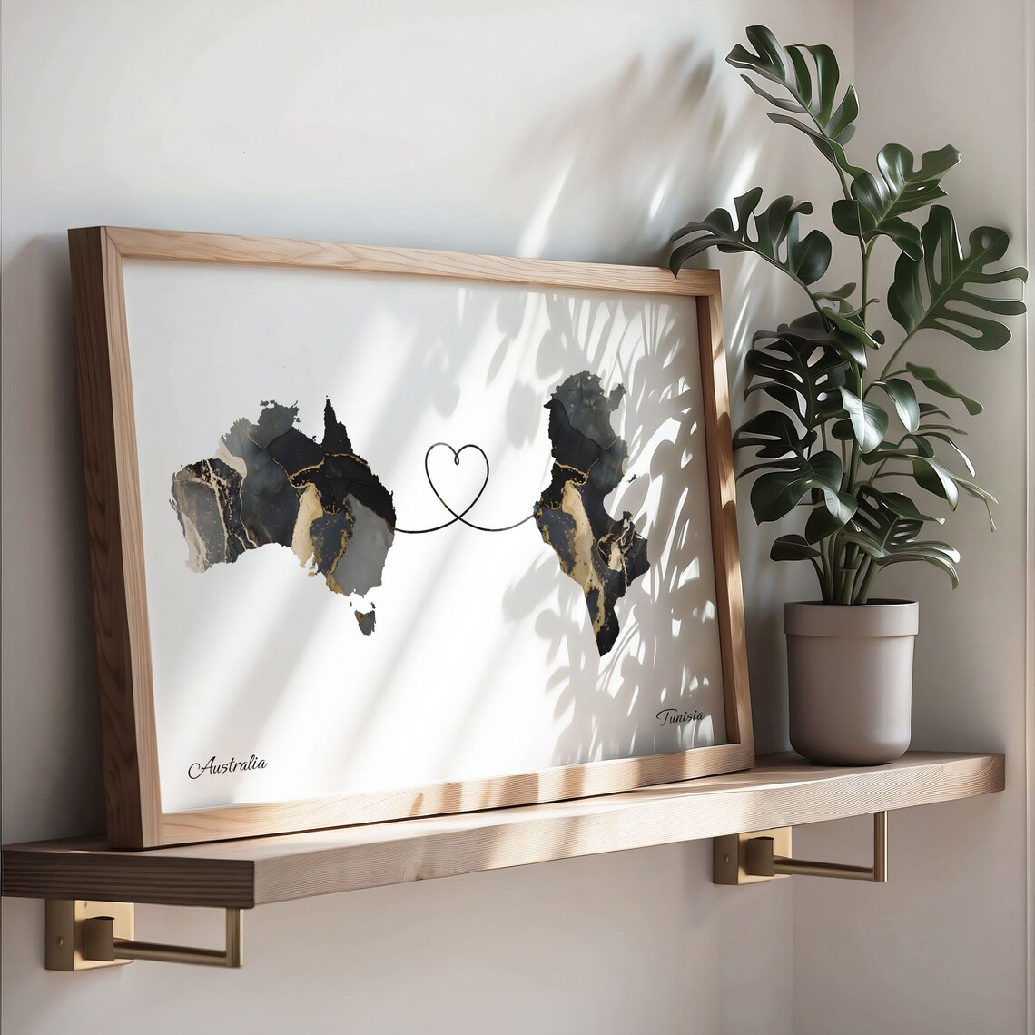 Australia and Tunisia Black Gold Marble Map Heart Connection Poster - Image 3