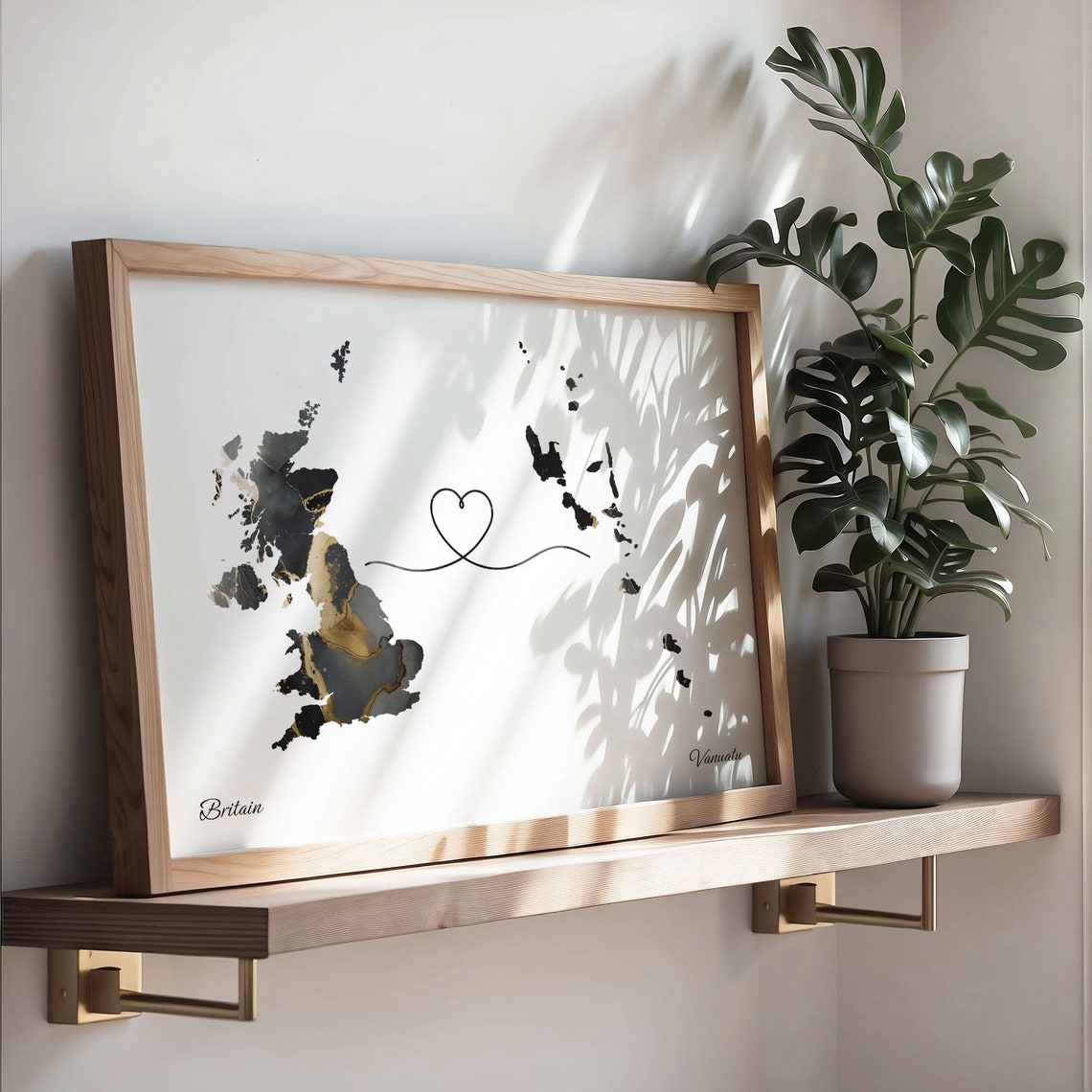 Britain and Vanuatu Black Gold Marble Two Country Love Map Poster - Image 3