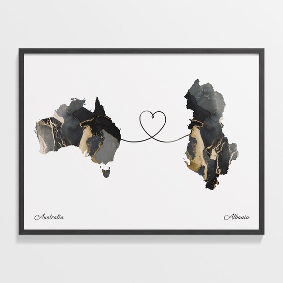 Australia To Albania Marble Heart Map Two Country Long Distance Gift Poster