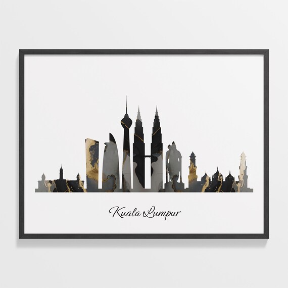 Kuala Lumpur Skyline Black Gold Marble Cityscape Malaysia Travel Decor Poster
