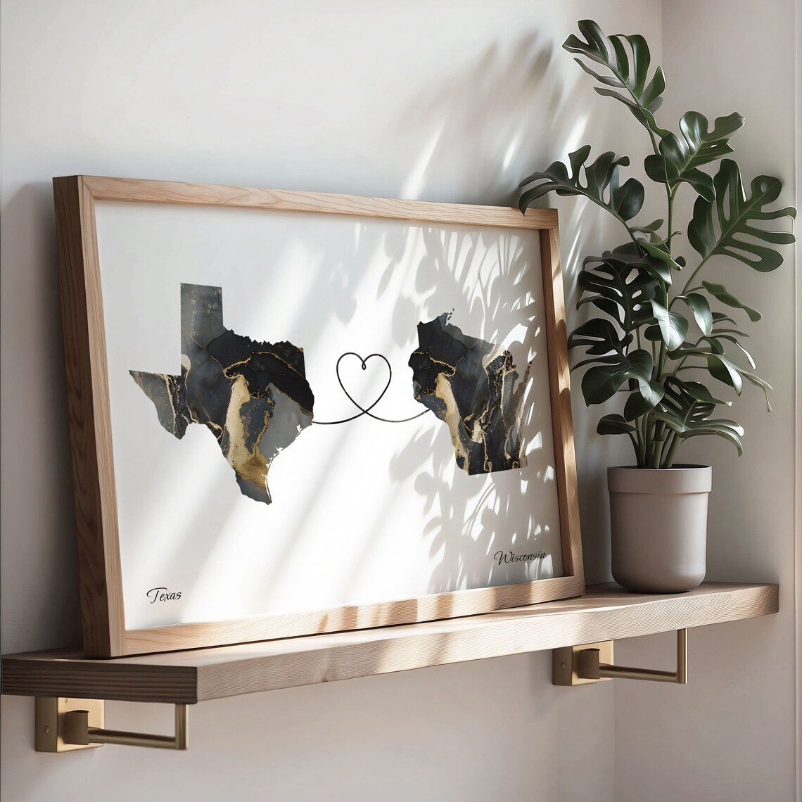 Texas Wisconsin Long Distance Love Heart Marble Map Gift Poster - Image 3