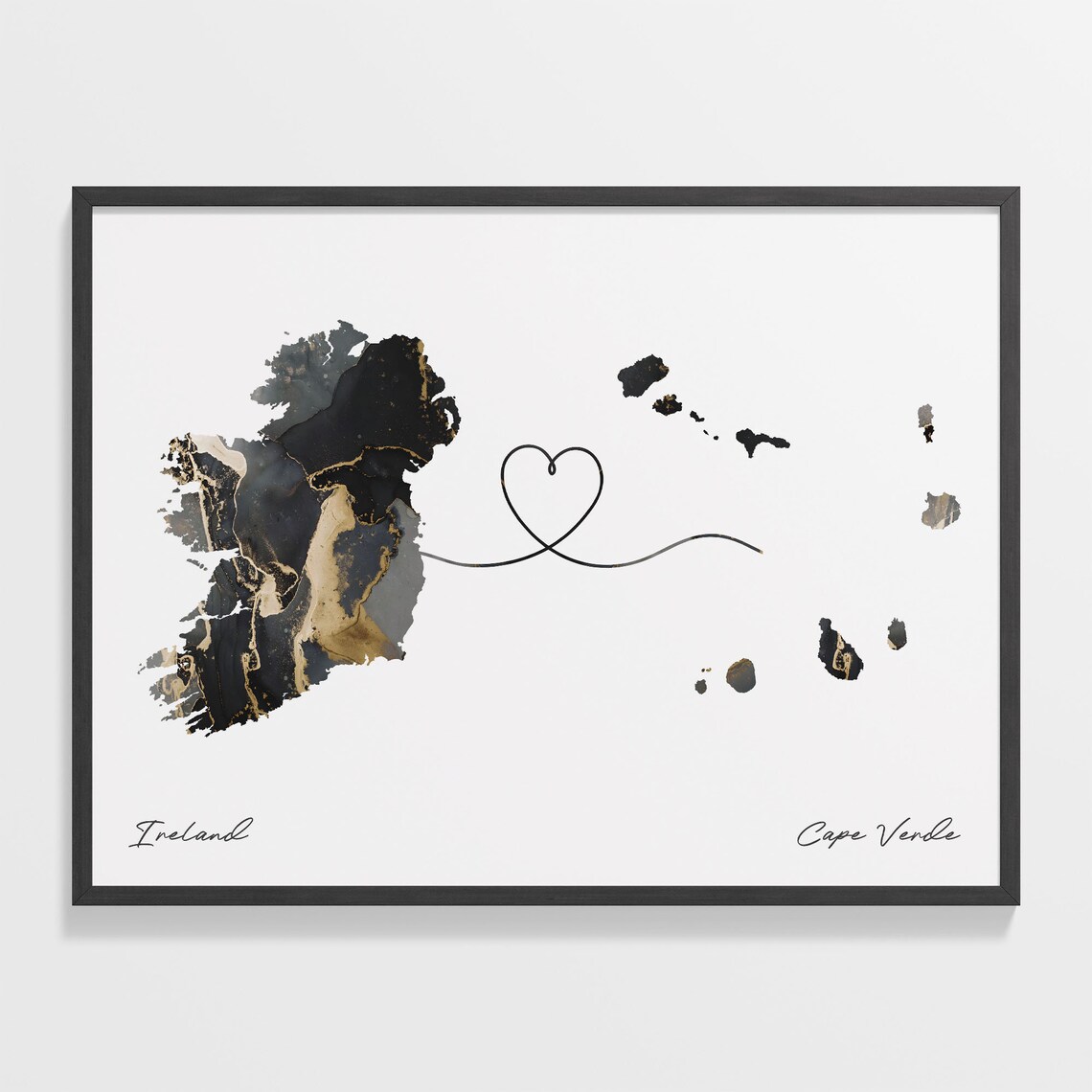 Ireland to Cape Verde Heart Line Two Countries Black Gold Marble Poster