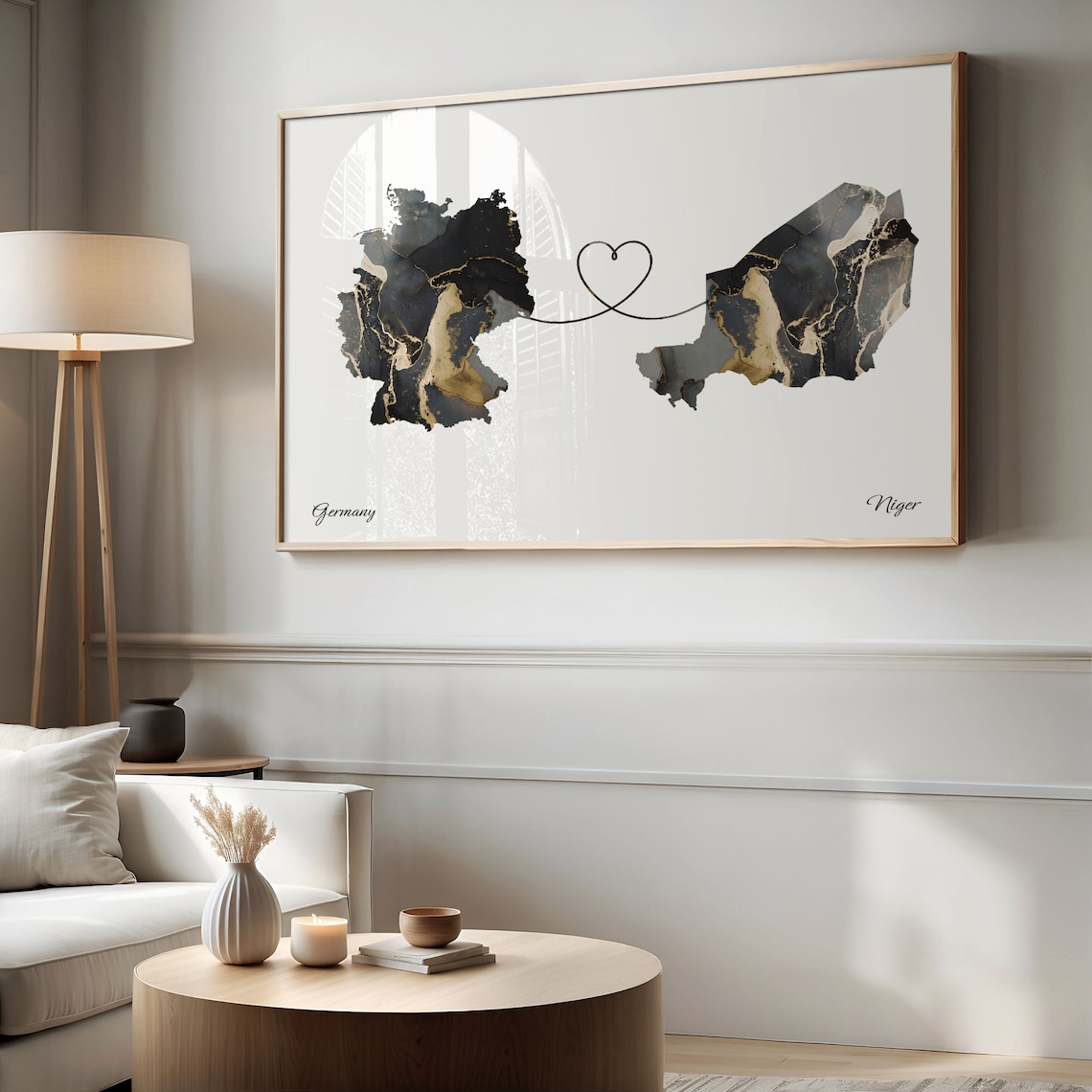 Germany to Niger Black Gold Marble Heart Map Art Wall Poster - Image 2