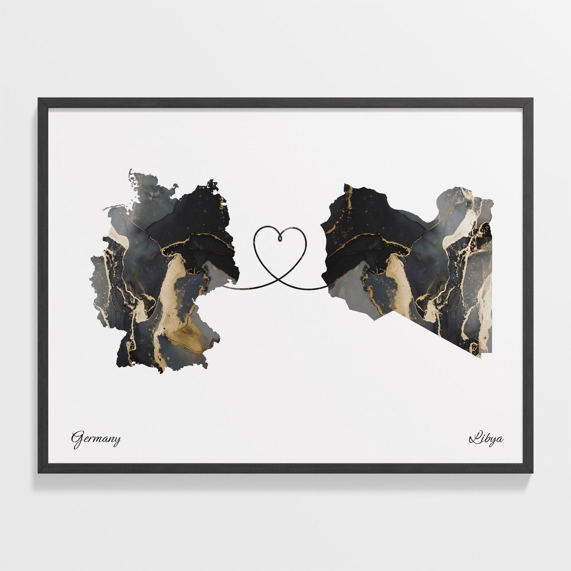 Germany to Libya Black Gold Marble Heart Map Art Wall Poster