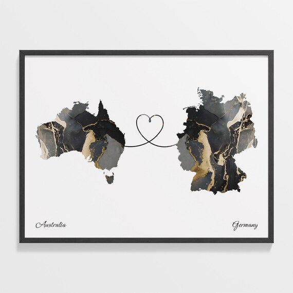 Australia to Germany Black and Gold Marble Two Country Map Poster