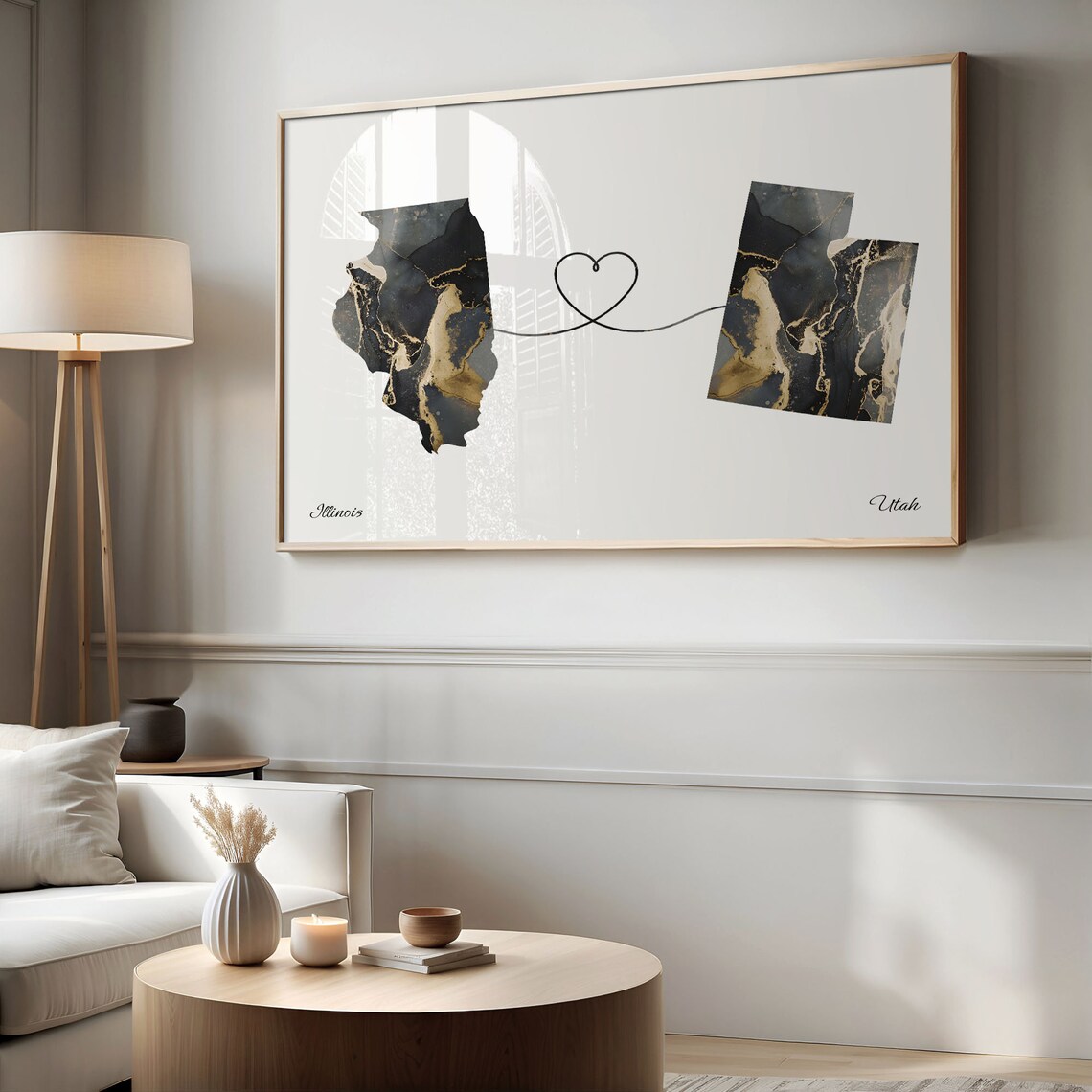 Illinois to Utah Black Gold Marble Map Heart Connection Poster - Image 2