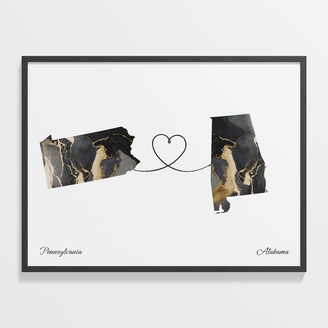 Pennsylvania to Alabama Long Distance Love Marble Map Art Poster