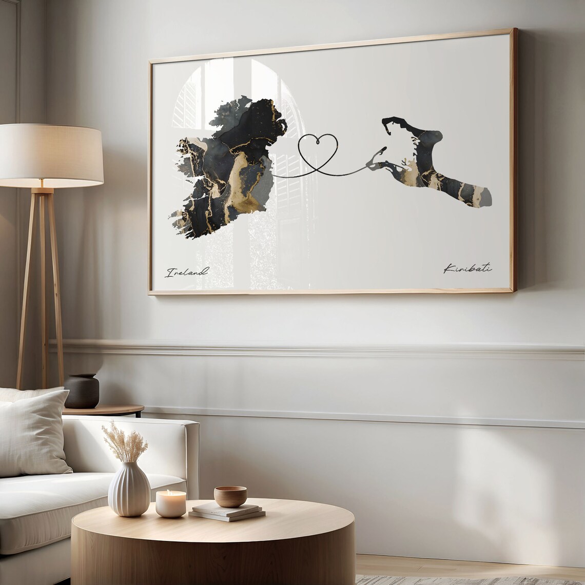 Ireland To Kiribati Heart Connected Black Marble Country Map Poster - Image 2