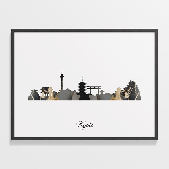 Kyoto Skyline Black Gold Marble Cityscape Japan Travel Decor Poster