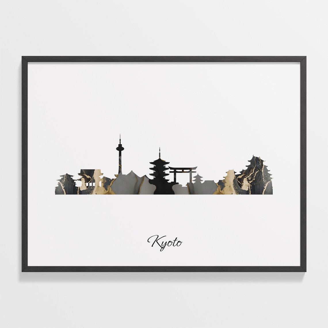 Kyoto Skyline Black Gold Marble Cityscape Japan Travel Decor Poster