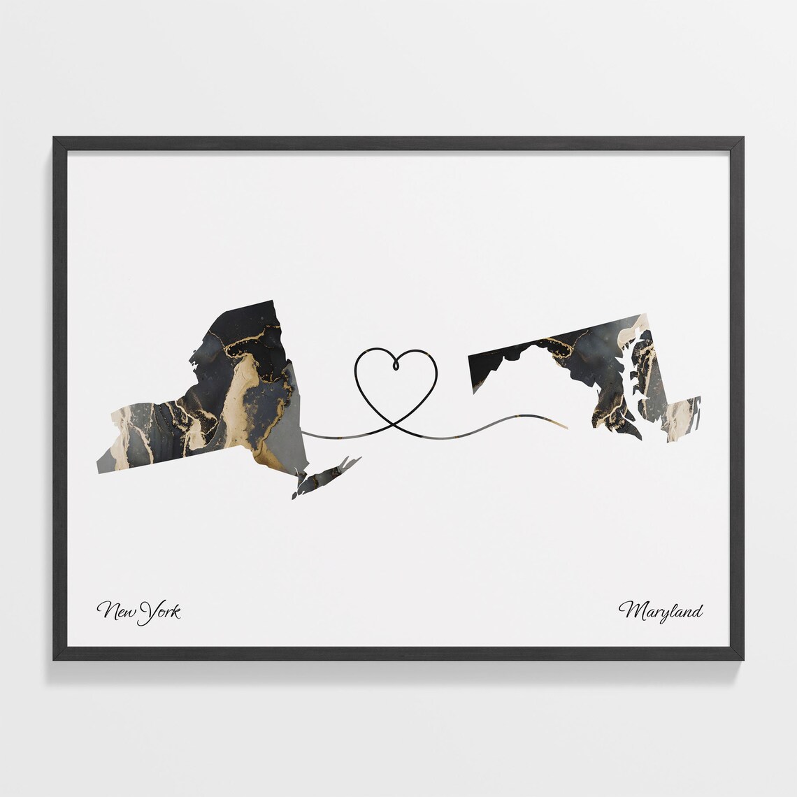 New York to Maryland Long Distance Love Marble Map Art Poster