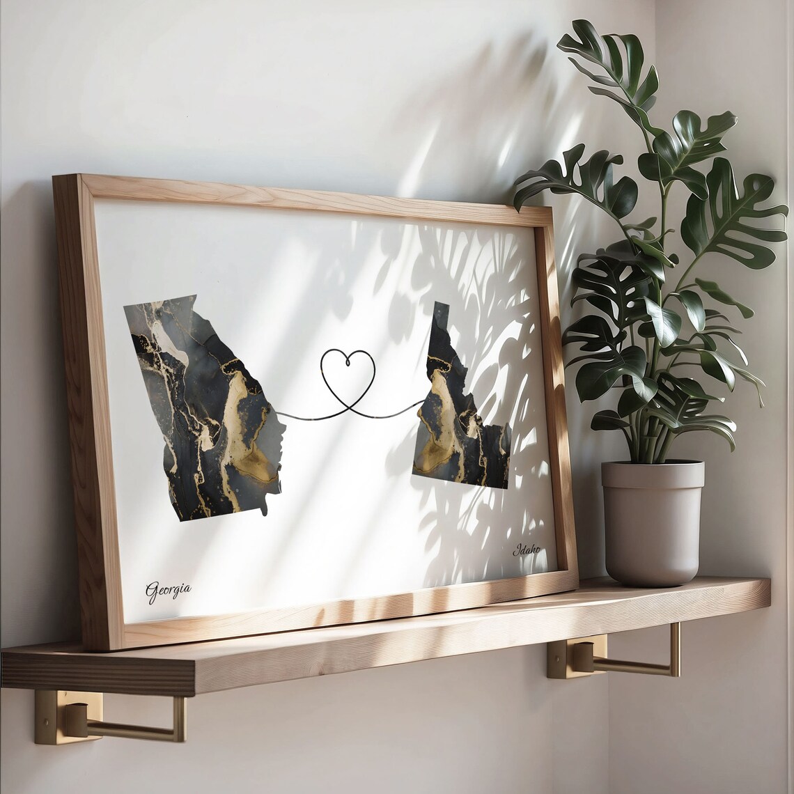 Georgia Idaho Long Distance Black Gold Marble Heart Map Poster - Image 3