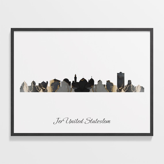 Jerusalem Israel Black Gold Marble Skyline Silhouette City Print