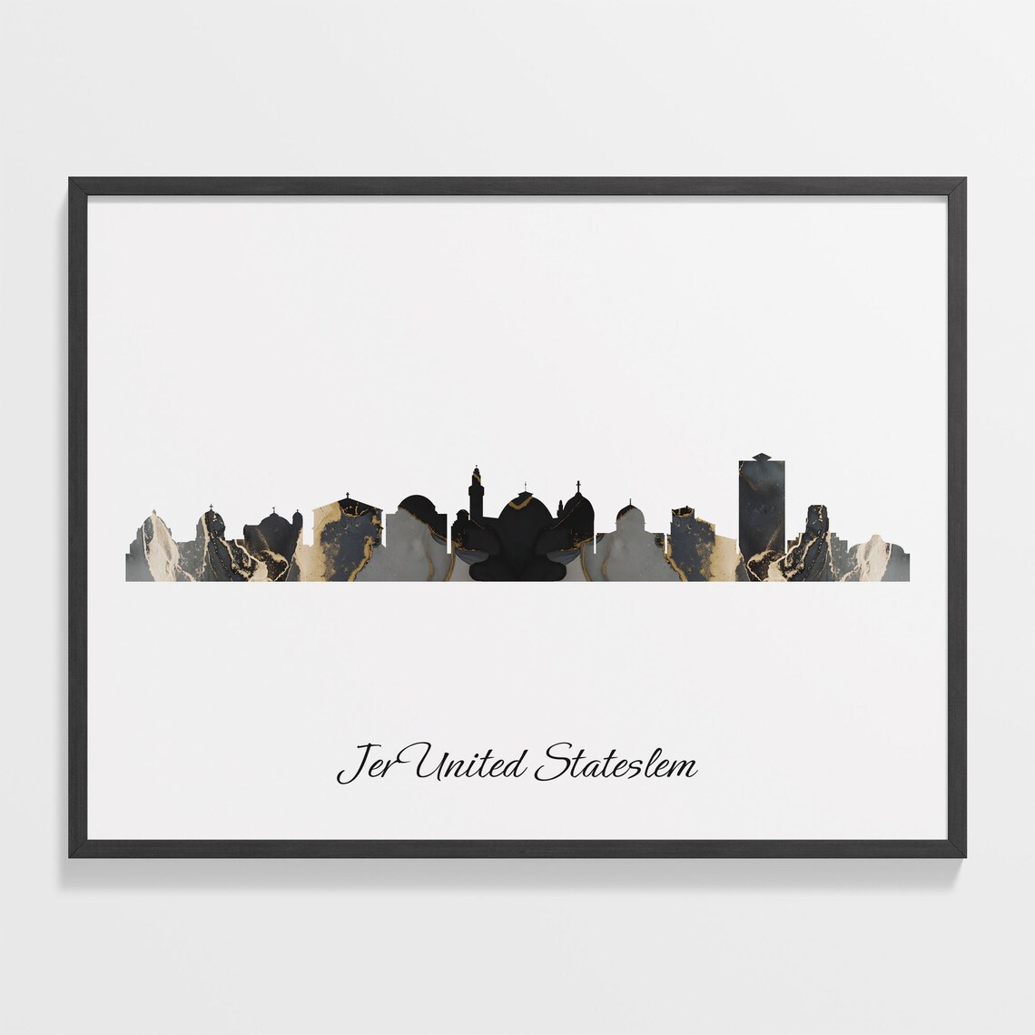 Jerusalem Israel Black Gold Marble Skyline Silhouette City Print