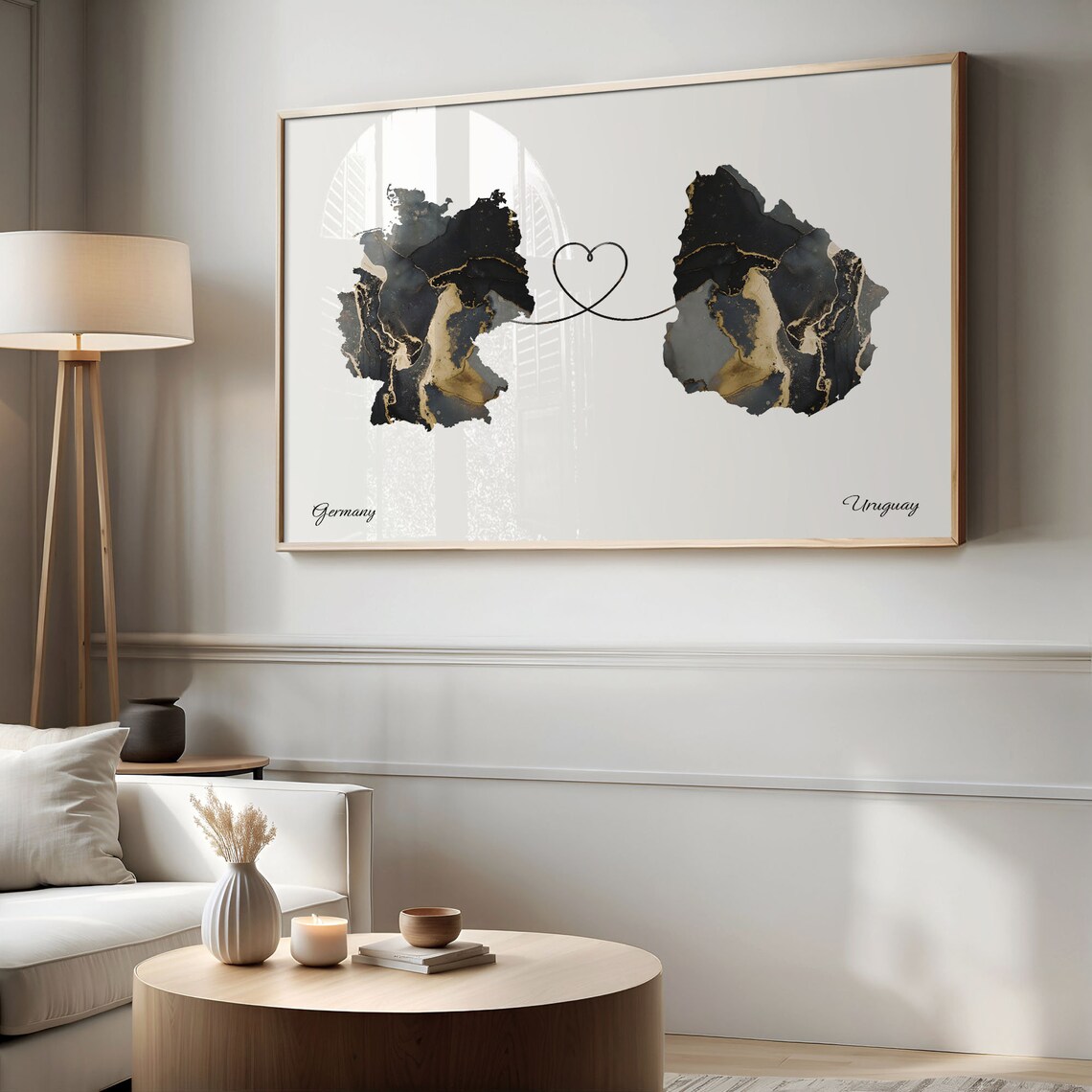 Germany to Uruguay Black Gold Marble Heart Map Art Wall Poster - Image 2