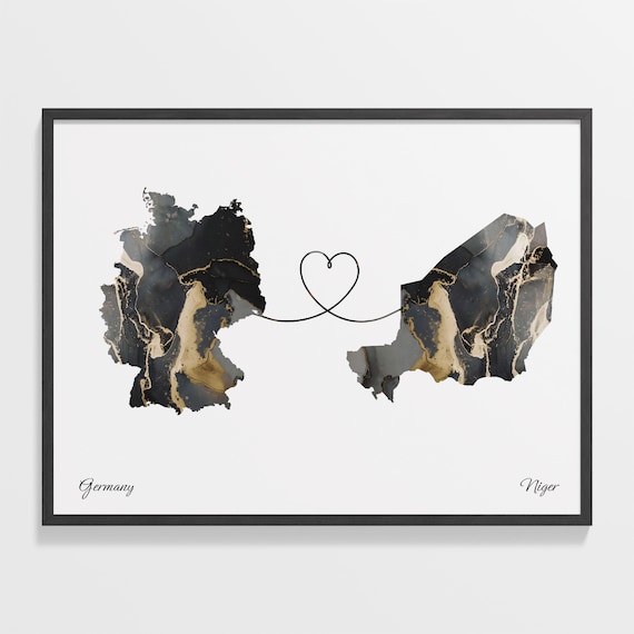 Germany to Niger Black Gold Marble Heart Map Art Wall Poster