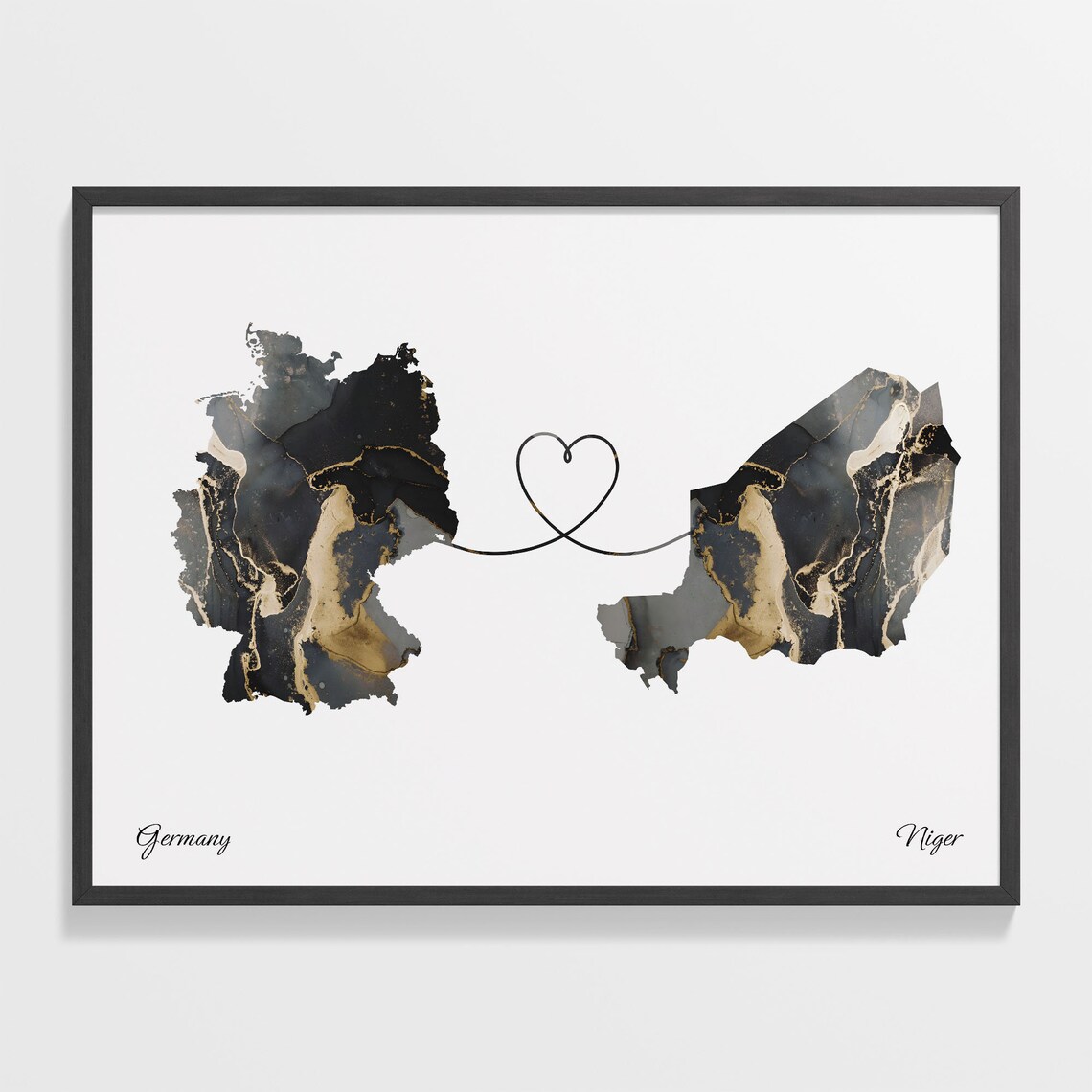 Germany to Niger Black Gold Marble Heart Map Art Wall Poster