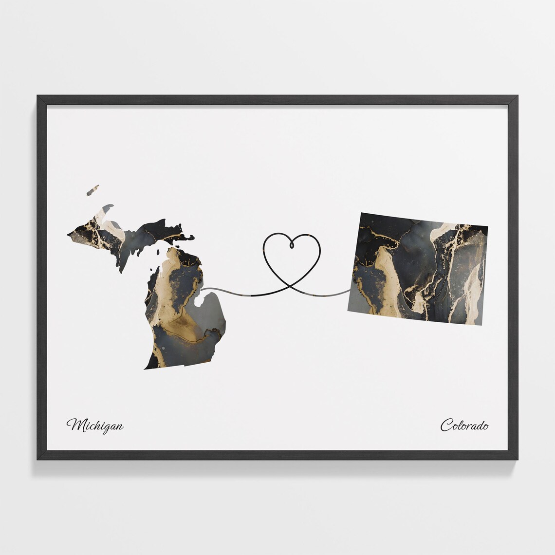 Michigan to Colorado Black Marble State Map Long Distance Love Poster