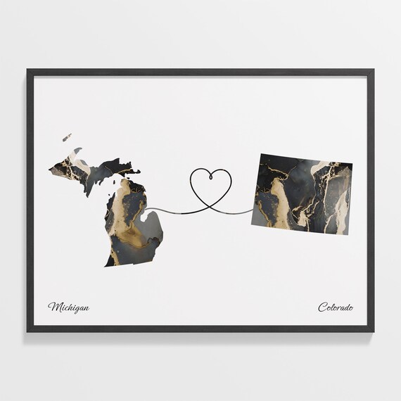 Michigan to Colorado Black Marble State Map Long Distance Love Poster