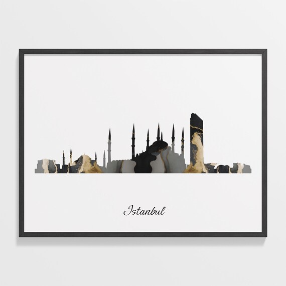 Istanbul Turkey Black Gold Marble Mosque Minaret Skyline Poster