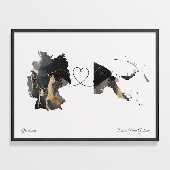 Germany to Papua New Guinea Black Gold Marble Heart Connection Map Poster